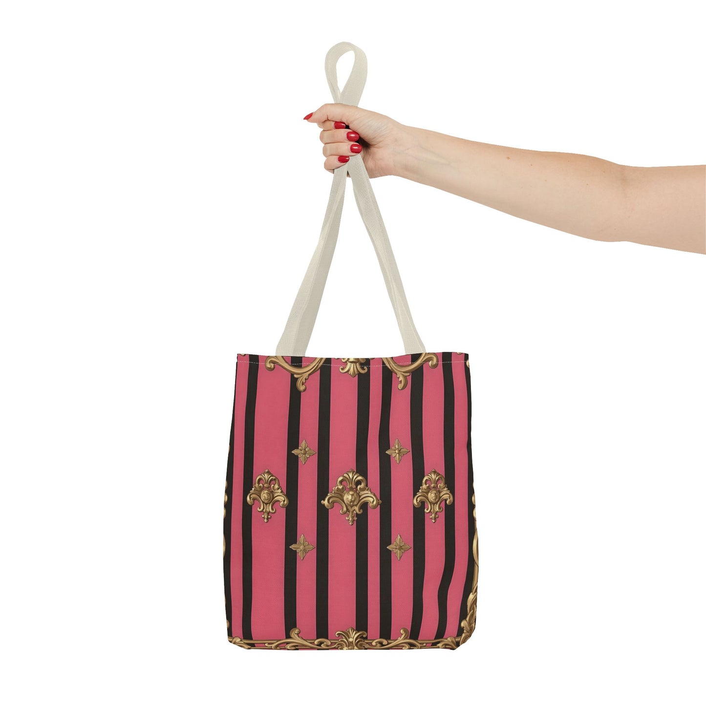 Chic Floral Tote Bag - Elegant Reusable Shopping Bag, Fashion Accessory, Gift for Her, Everyday Use, Eco-Friendly - Pink Striped Gold Rococo