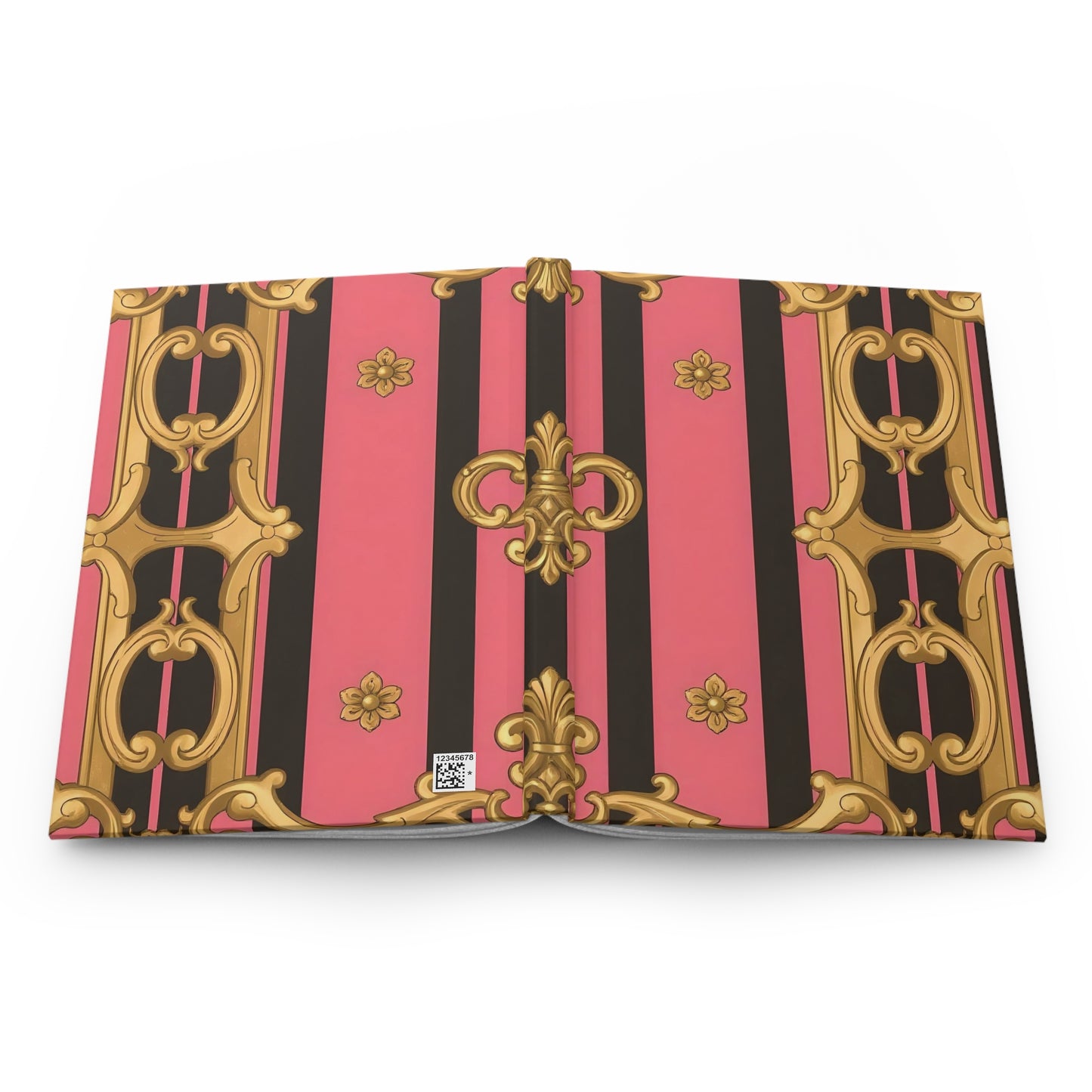 Elegant Hardbound Journal for Creative Minds, Stationery Gift, Floral Note Book - Pink & Black Striped Gold Baroque