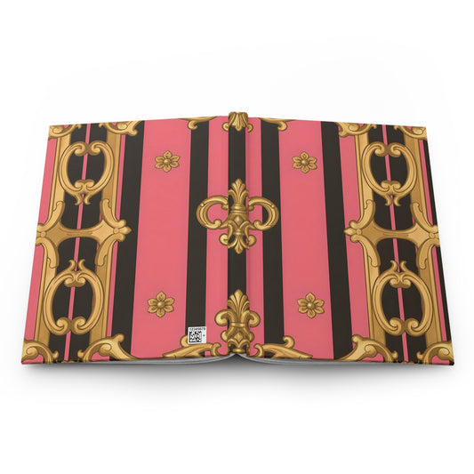 Elegant Hardbound Journal for Creative Minds, Stationery Gift, Floral Note Book - Pink & Black Striped Gold Baroque