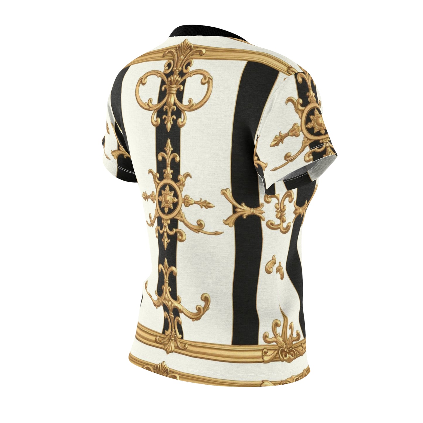 Elegant Women's AOP Tee, Fashion Tee, Versatile Graphic Top, Gift for Fashion Lovers, Statement Piece - Black & White Striped Gold Baroque