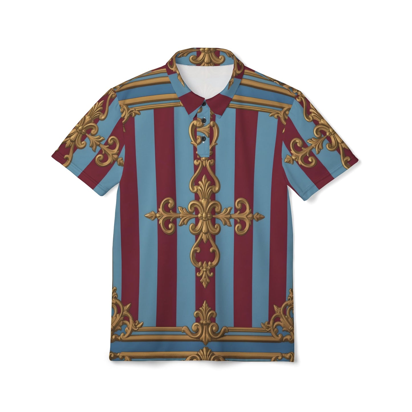 Ornate Pattern Unisex Polo Shirt | Casual Everyday Wear, Trendy Outfit for Men and Women - Sky Blue & Maroon Striped Baroque