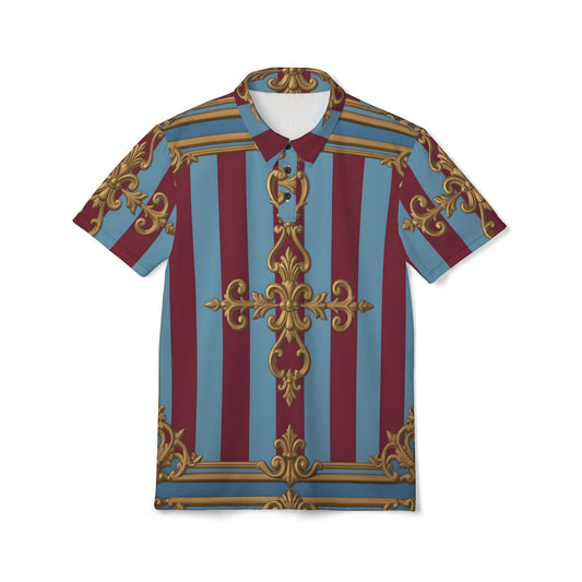 Ornate Pattern Unisex Polo Shirt | Casual Everyday Wear, Trendy Outfit for Men and Women - Sky Blue & Maroon Striped Baroque