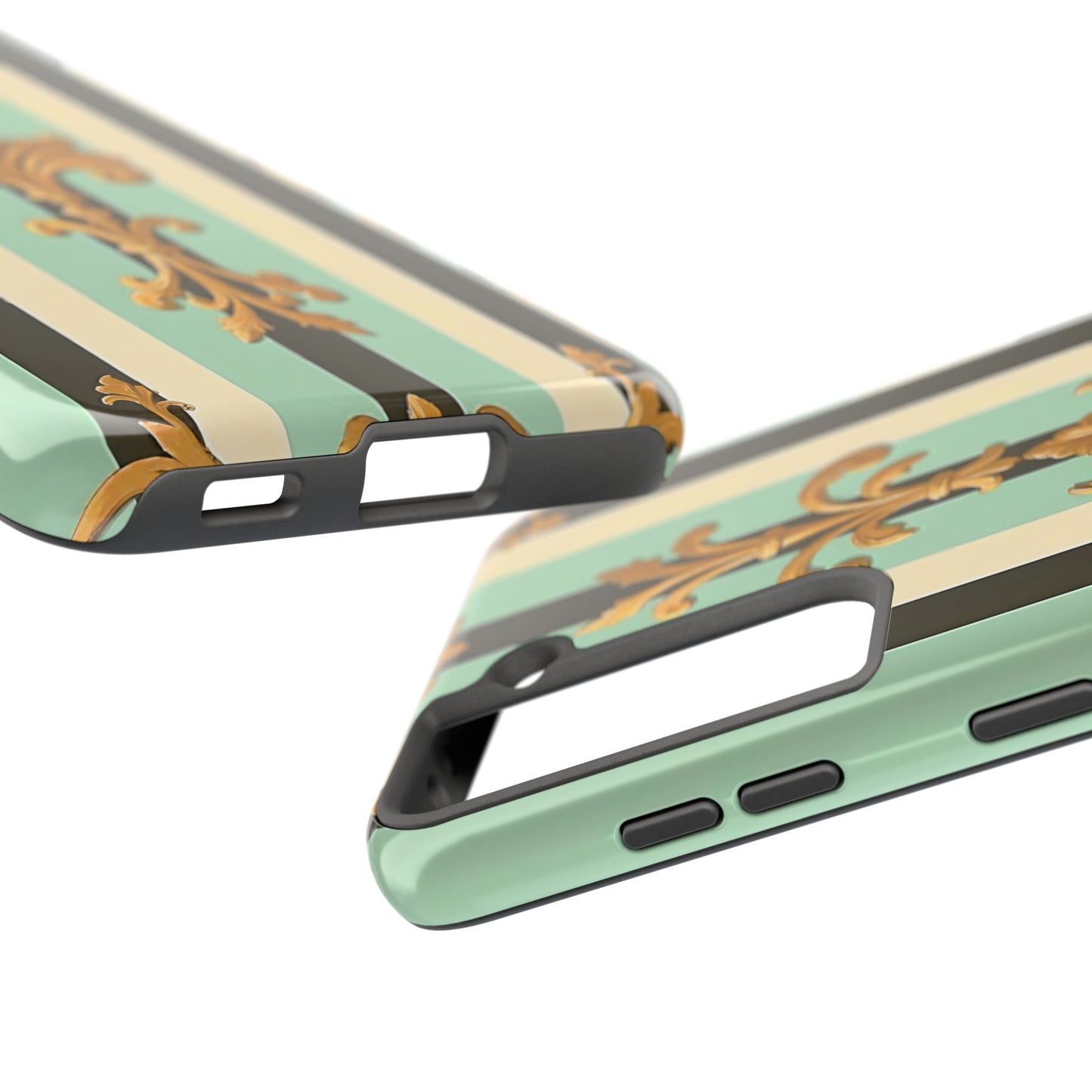 Elegant Floral Tough Phone Cases - Stylish Protection for All Occasions, Gifts for Her, Phone Covers - Black & Matte Mint Striped Rococo