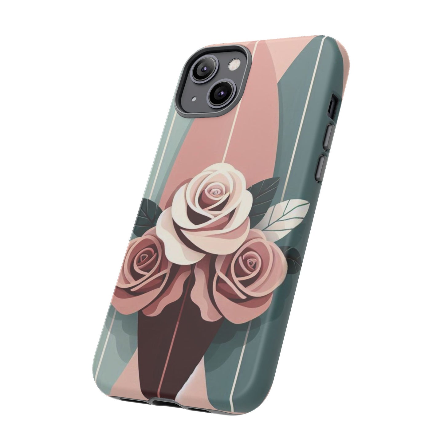 Phone Case - Burgundy, Matte Mauve & Teal Surfboard & Roses Design