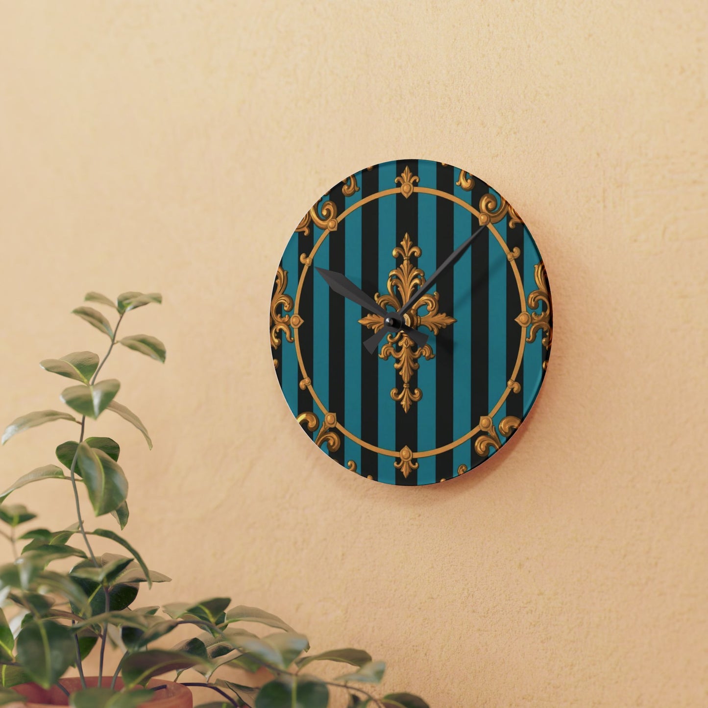 Elegant Turquoise & Black Striped Gold Baroque Acrylic Wall Clock, Gold Accents, Home Decor, Gift for Housewarming, Birthday, Stylish Wall Art