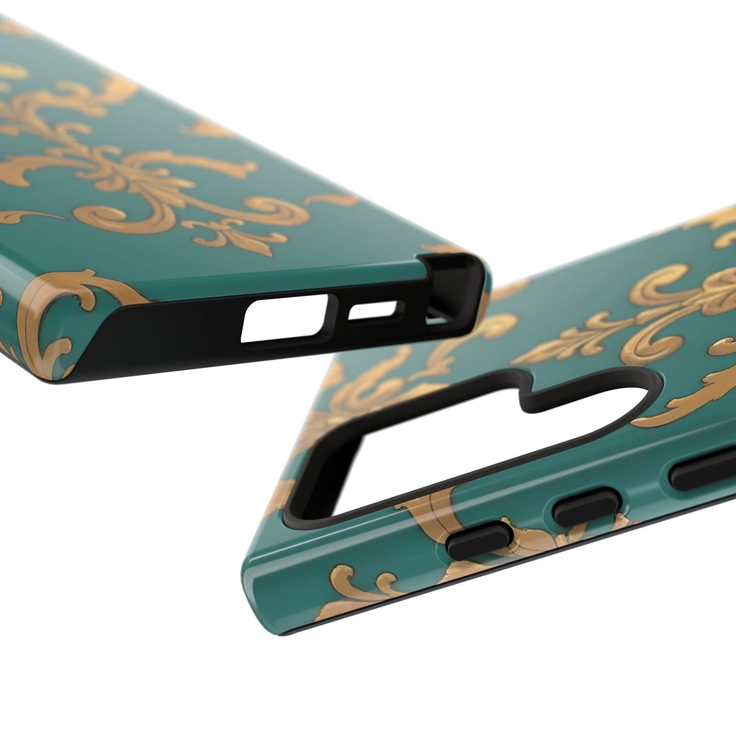 Elegant Floral Motif Phone Case - Tough Cases with Vintage Design - Aqua & Gold Damask