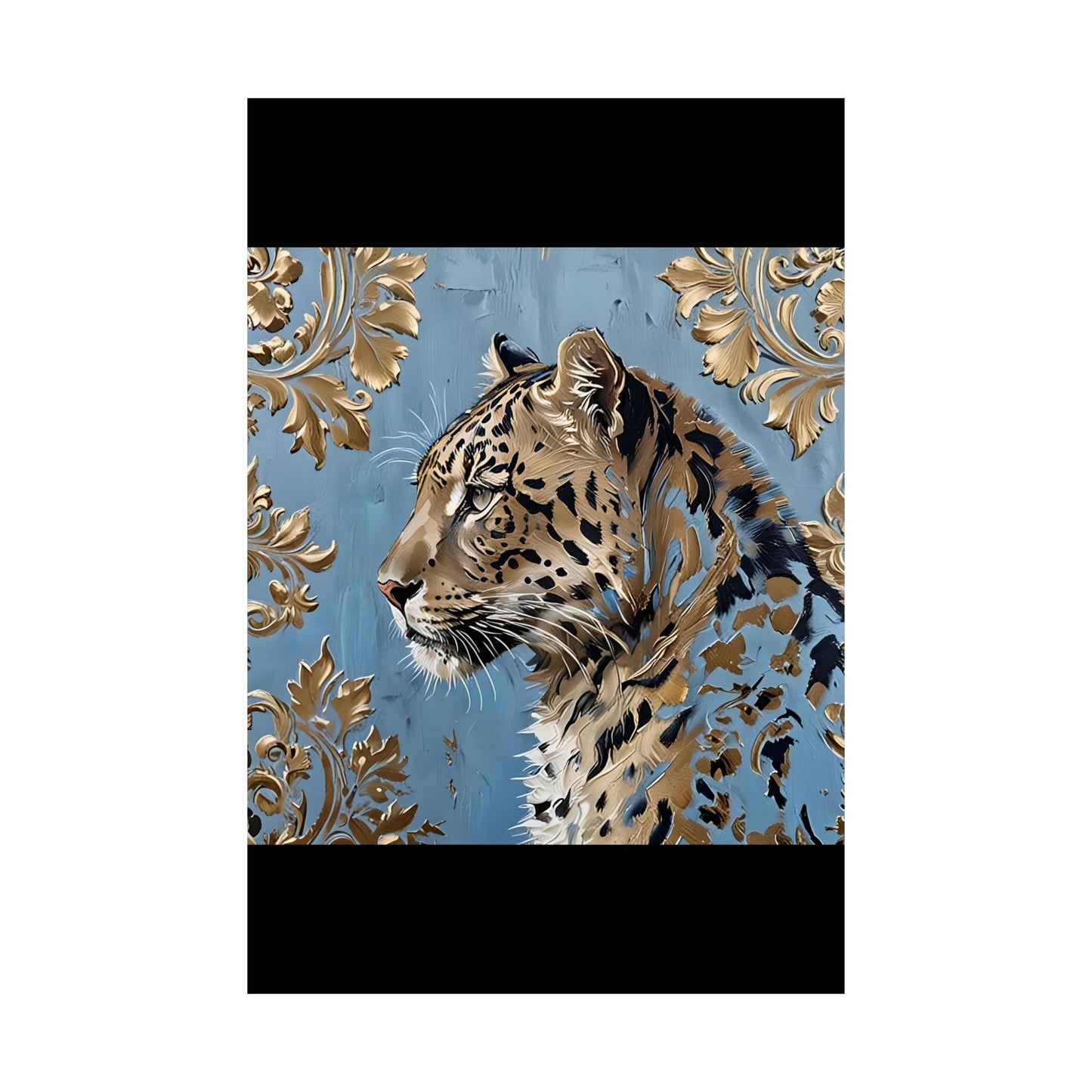 Floral Motif Art Poster - Elegant Matte Vertical Wall Decor - Leopard In Blue & Gold Damask