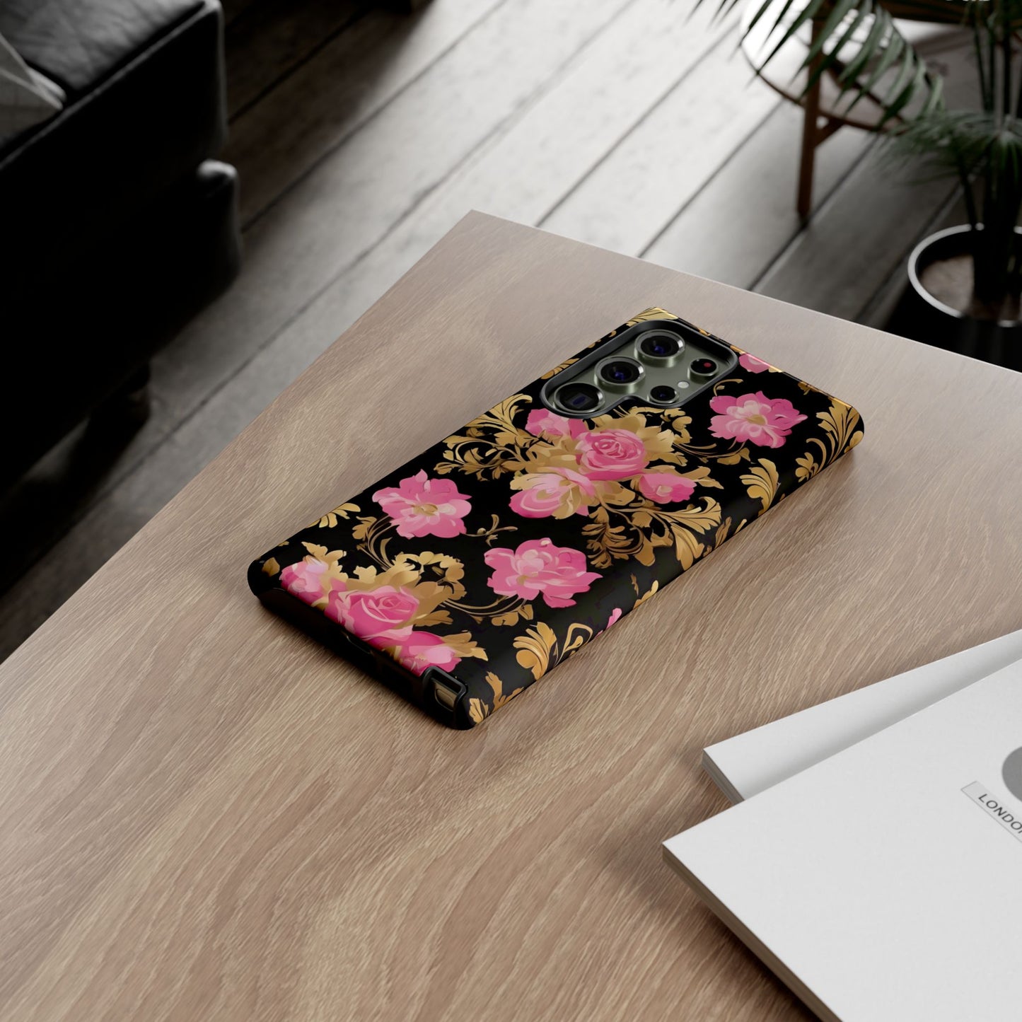 Elegant Floral Motif Phone Case - Tough Cases with Vintage Design - Pink & Gold Roses