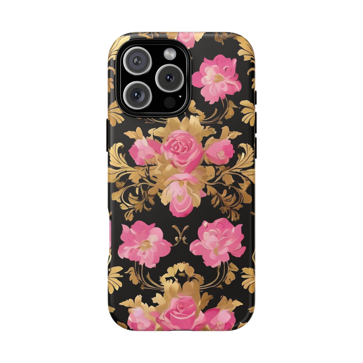 Elegant Floral Motif Phone Case - Tough Cases with Vintage Design - Pink & Gold Roses