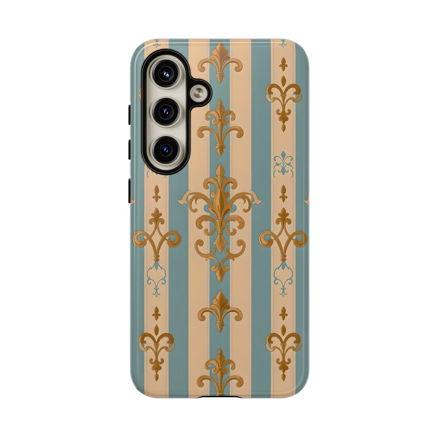 Elegant Floral Motif Phone Case - Tough Cases with Vintage Design -  Beige & Sky Blue Striped Gold Damask