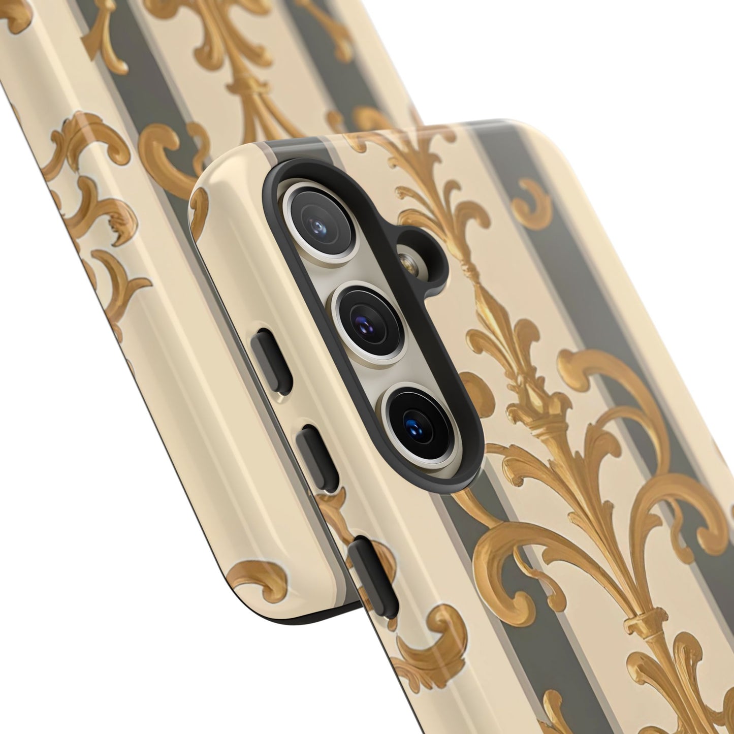 Elegant Floral Motif Phone Case - Tough Cases with Vintage Design - Dusk Olive Striped Gold Damask
