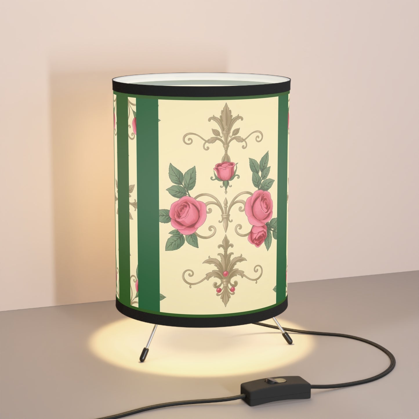 Elegant Tripod Lamp with Vintage Floral Print Shade - High-Res Home Accent - Green Border Roses & Damask