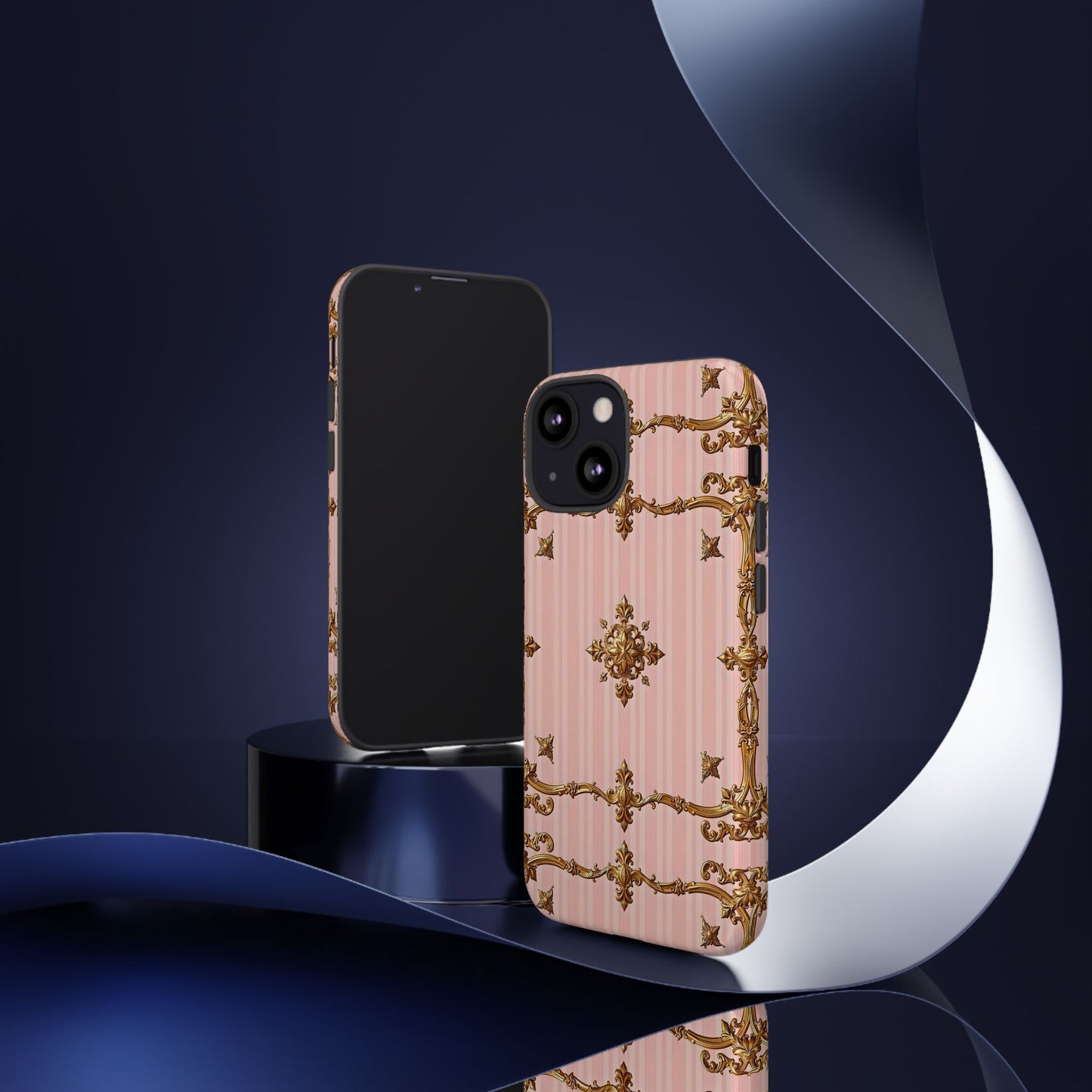 Elegant Floral Phone Case, Tough Cases for Women, Trendy Phone Cover, Chic Gift - Pink Striped Gold Baroque