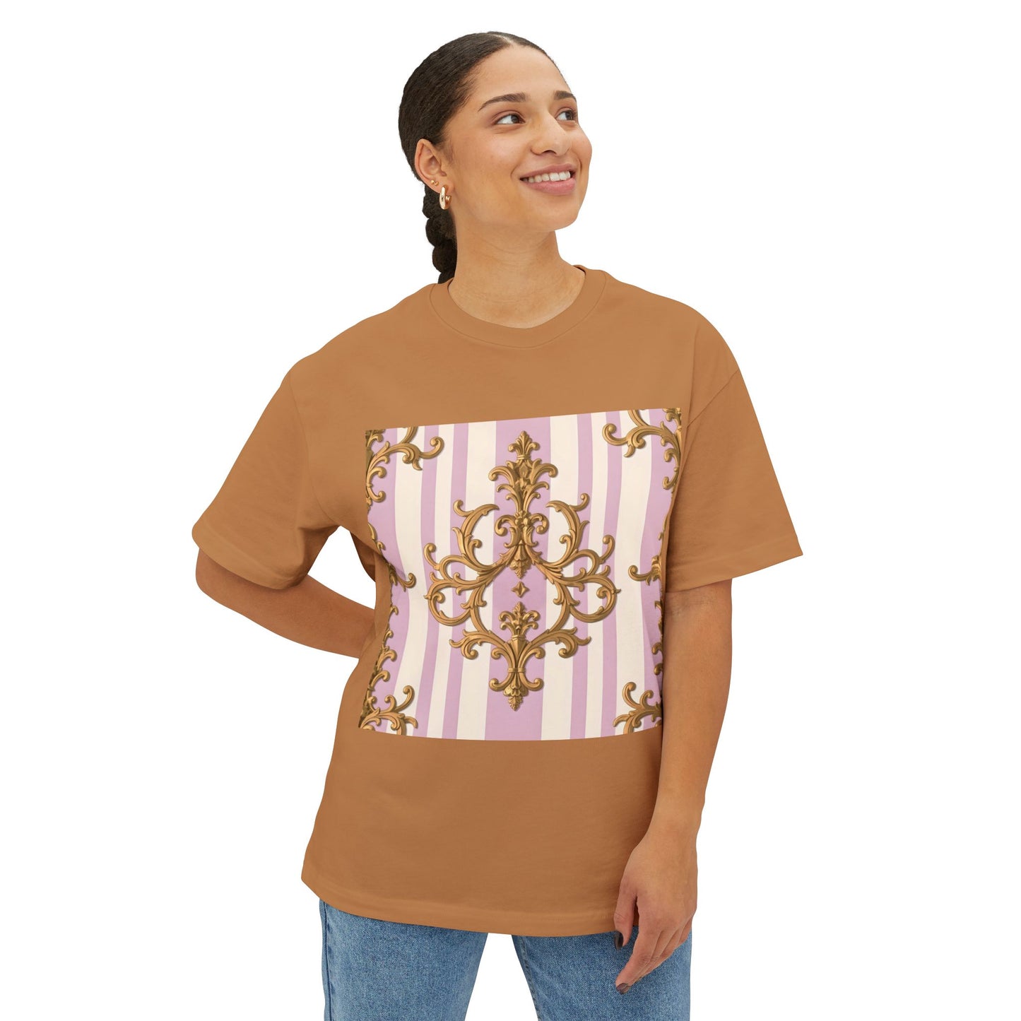 Chic Oversized Boxy Tee for Stylish Comfort, Casual Wear, Graphic Tee, Trendy Fashion, Gifts for Her - Lilac & Alabaster Striped Gold Baroque