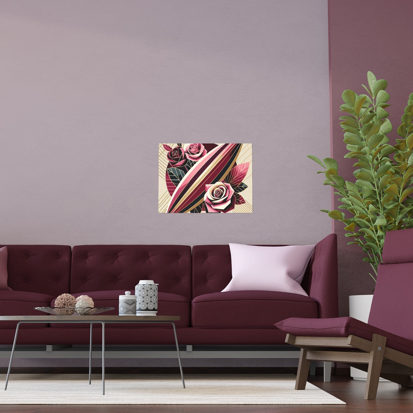 Elegant Floral Silk Poster - Indoor/Outdoor Wall Art for Home Decor - Pink & Burgundy Striped Surfboard & Roses
