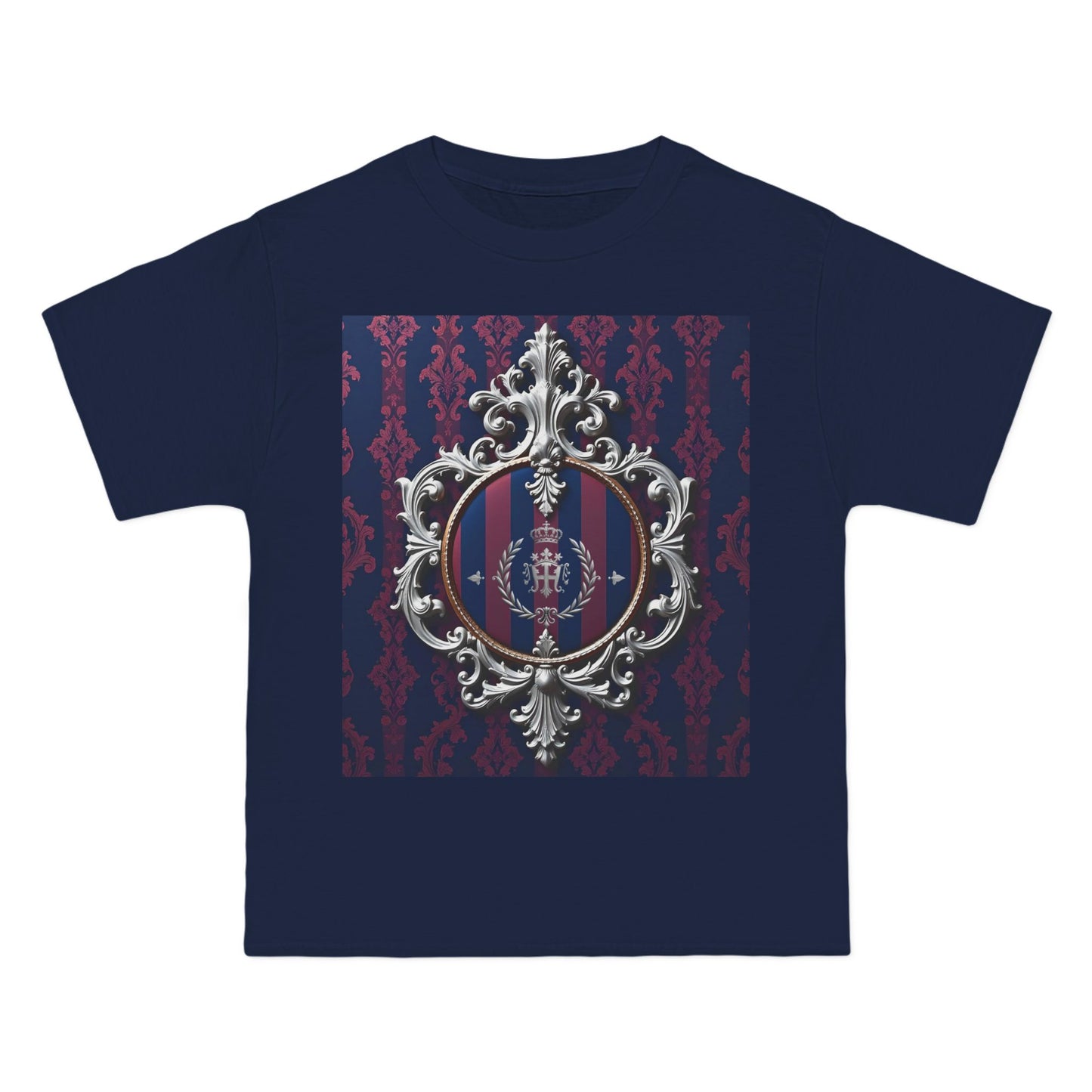 Elegant Unisex Graphic T-Shirt - Vintage Inspired, Casual Wear, Unique Gift, Art Tee, Fashion Statement - Blue & Plum Striped Silver Crest