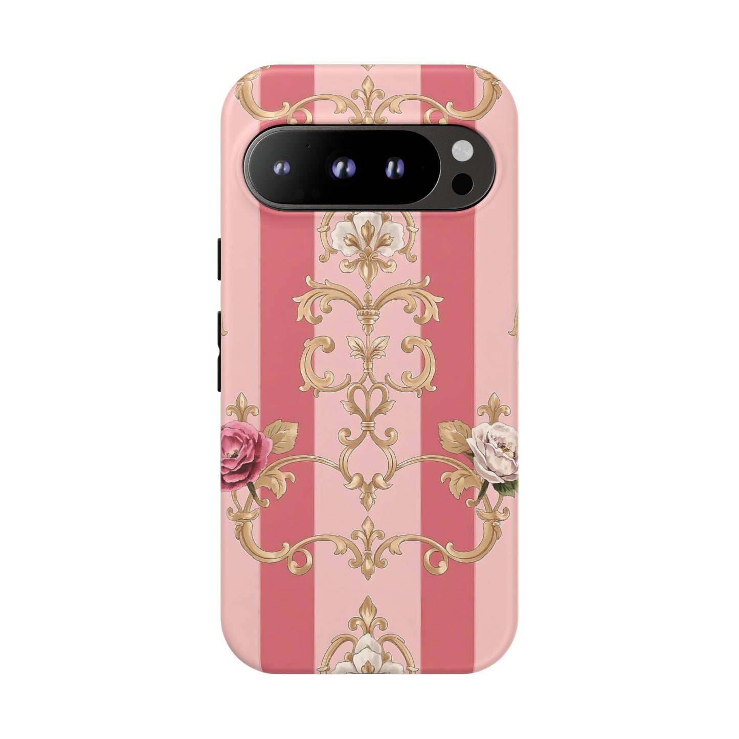 Elegant Floral Motif Phone Case - Tough Cases with Vintage Design - Pink Striped Roses & Damask