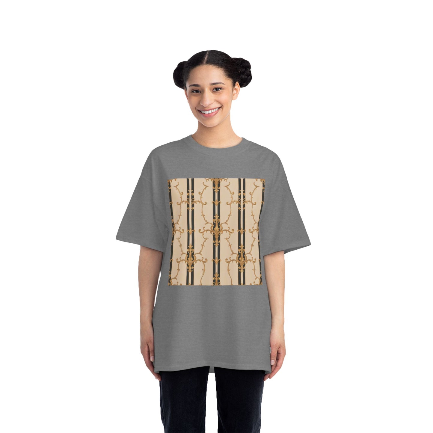 Stylish Graphic Tee for Casual Wear, Fashionable Short-Sleeve Shirt, Unique Summer Top - Black & Beige Striped Damask