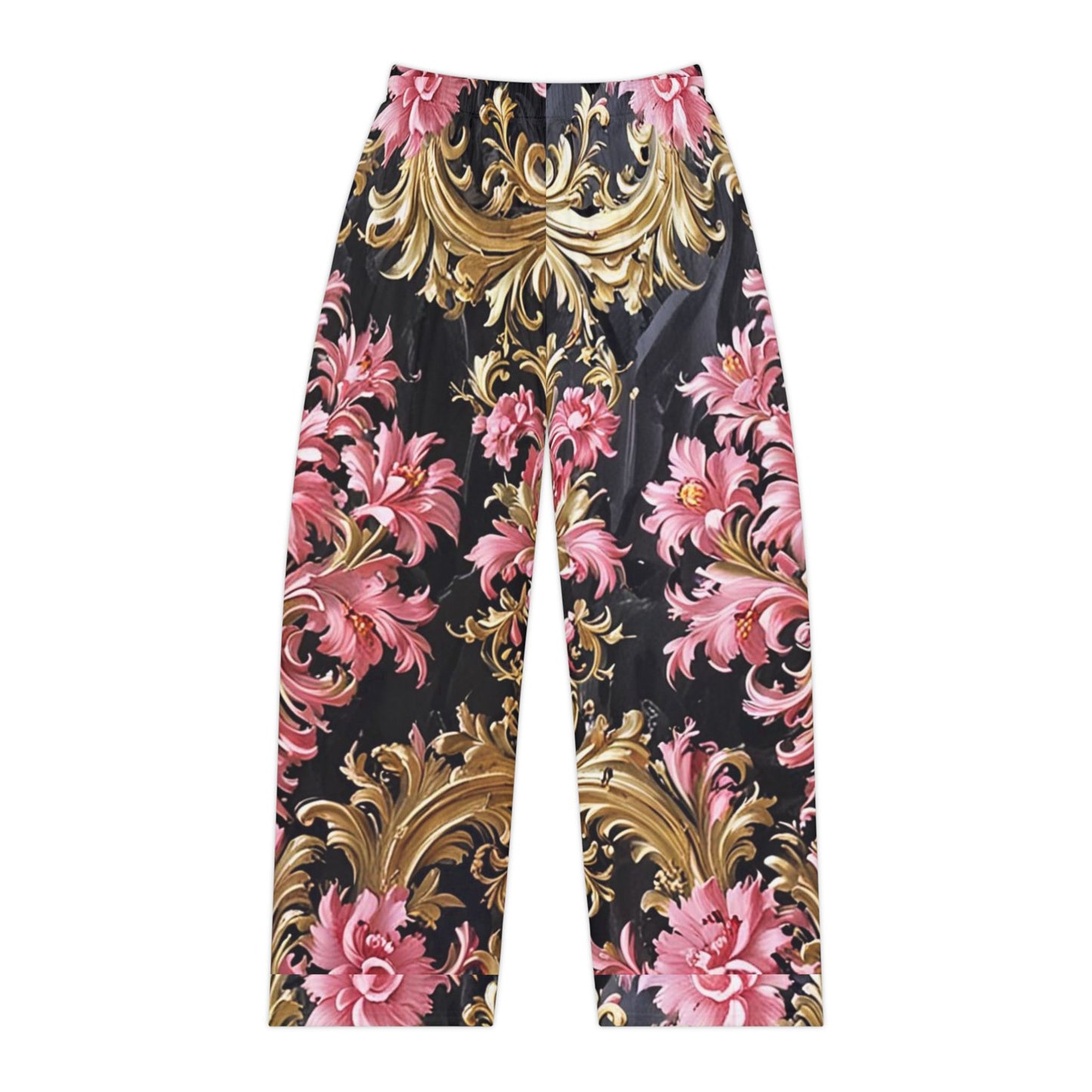 Elegant Floral Women's Pajama Pants, Luxurious Sleepwear, Trendy Loungewear, Cozy Nightwear - Black & Pink Oil Painting Style Rococo