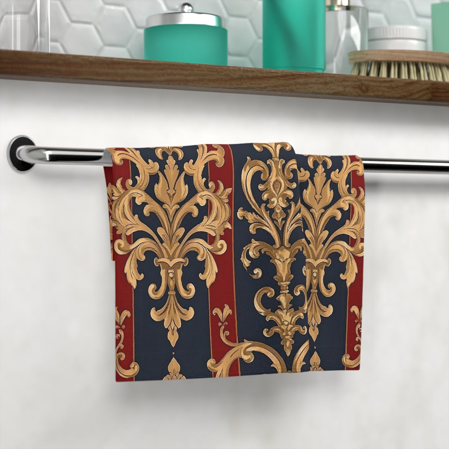 Elegant Vintage Face Towel – Luxurious Gold Pattern for Home & Spa - Midnight Blue & Dusk Red Damask