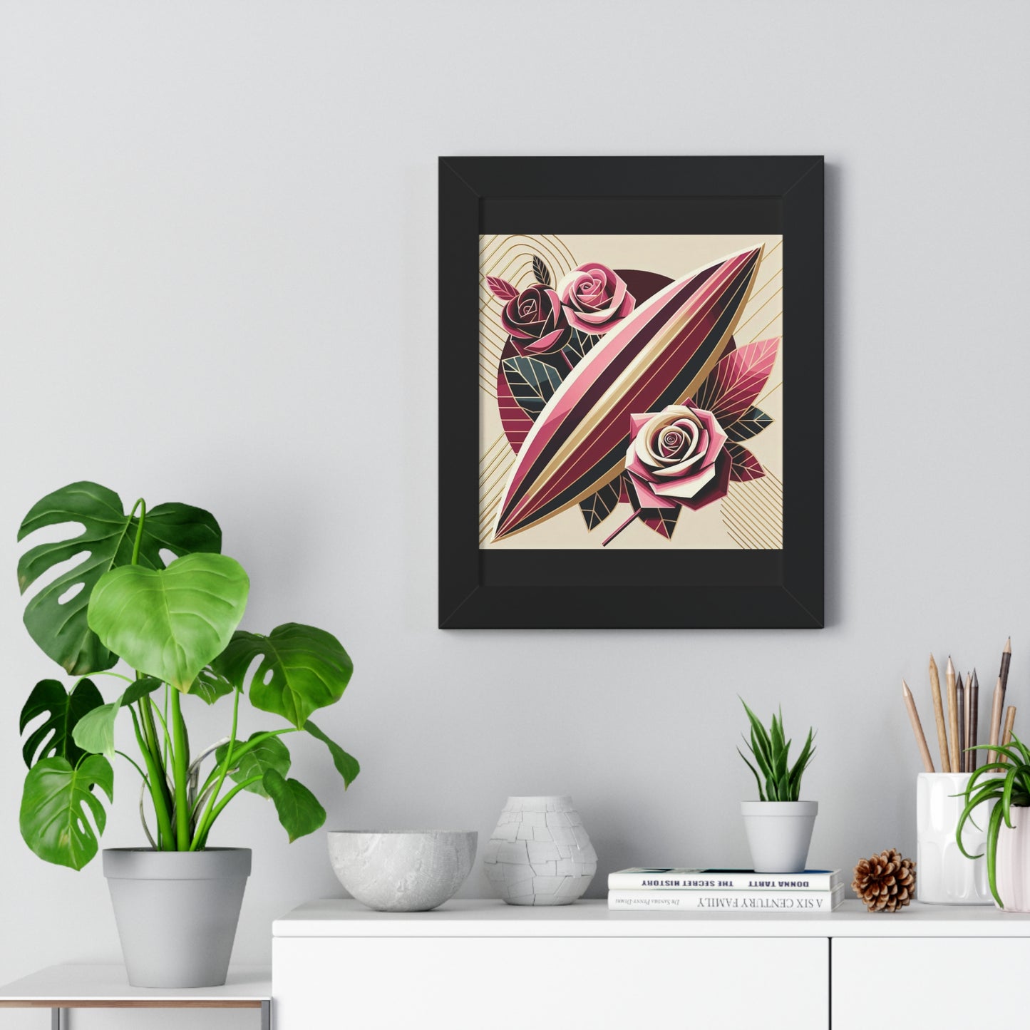 Vertical Poster - Pink & Burgundy Striped Surfboard & Roses Wall Art