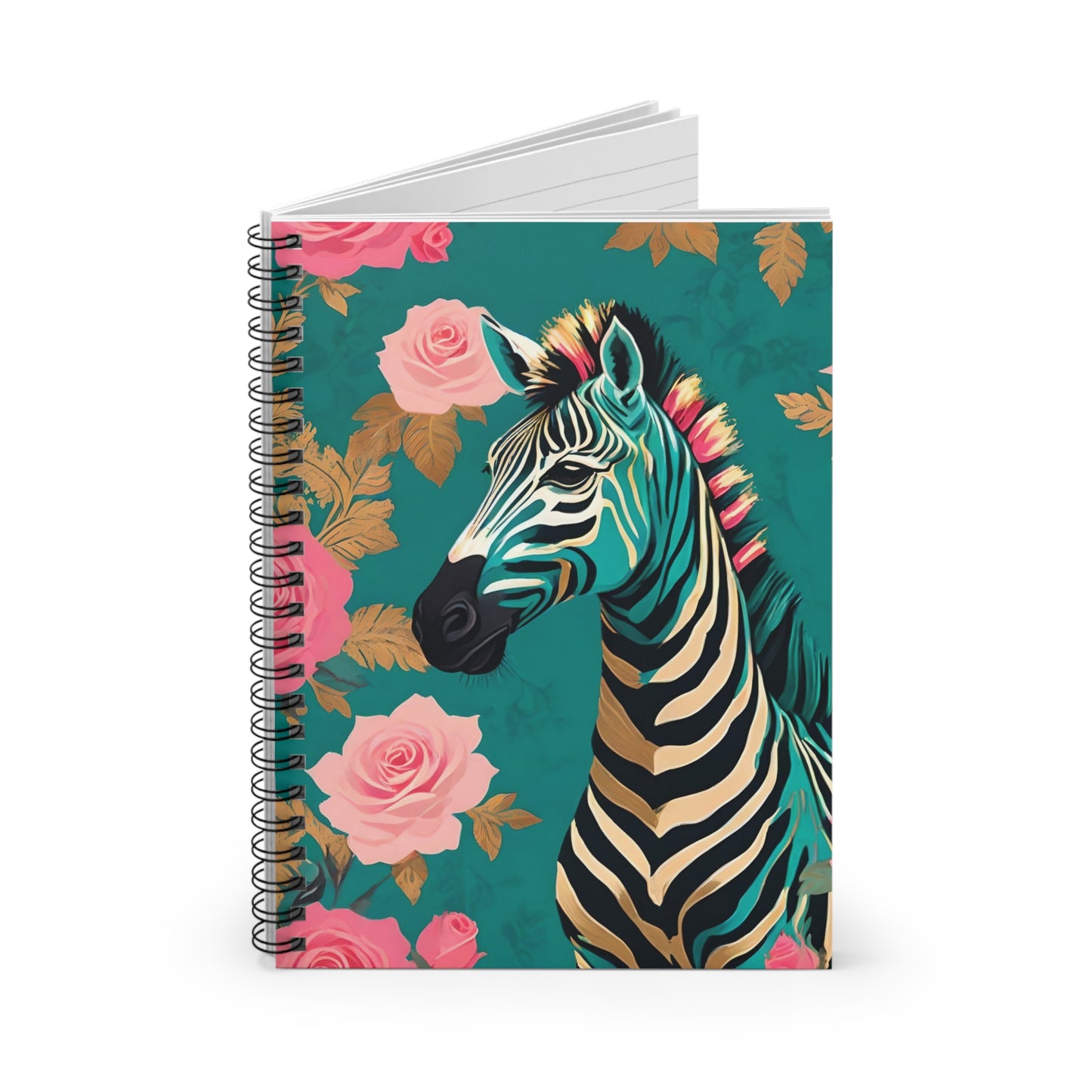 Elegant Vintage Spiral Notebook - Ruled Line with Teal & Gold Zebra & Roses