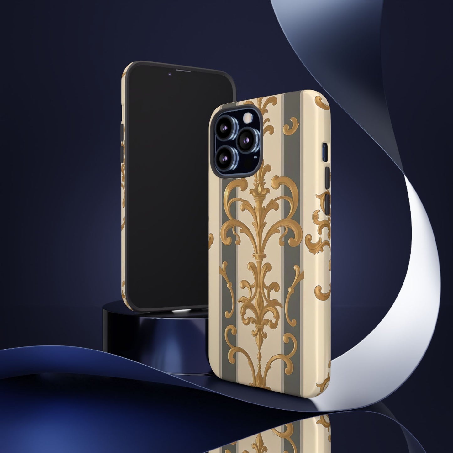 Elegant Floral Motif Phone Case - Tough Cases with Vintage Design - Dusk Olive Striped Gold Damask