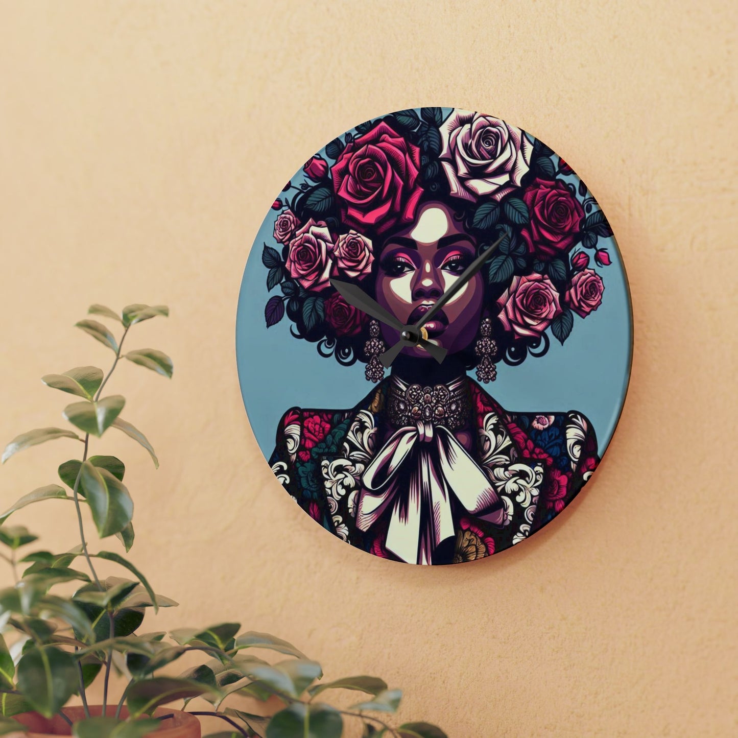 Bohemian Afro-Inspired Acrylic Wall Clock with Floral Design - Lady In Damask Suit & Roses Design