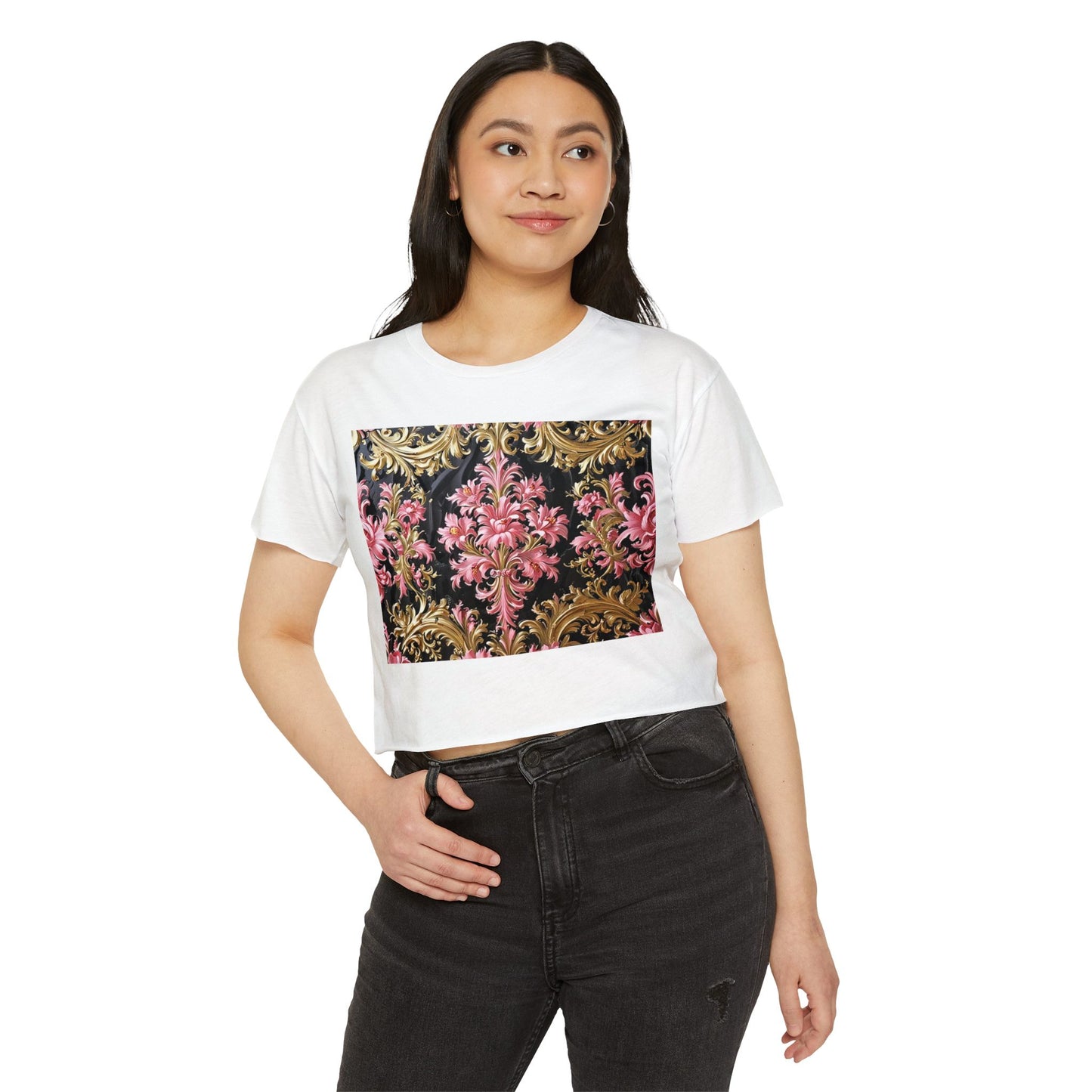 Festival-Ready Women's Crop Top, Boho Chic Tee, Summer Music Fest Shirt, Stylish Festival Wear - Black & Pink Oil Painting Style Rococo