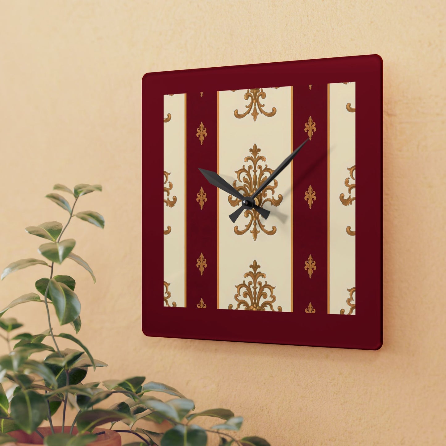 Bohemian Damask-Inspired Acrylic Wall Clock with Floral Design - Dusk Red Striped Gold Damask