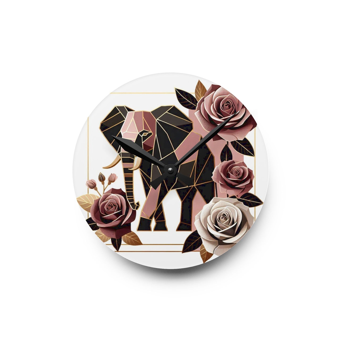 Bohemian Elephant-Inspired Acrylic Wall Clock with Floral Design - Brown & Mauve Elephant & Roses Design