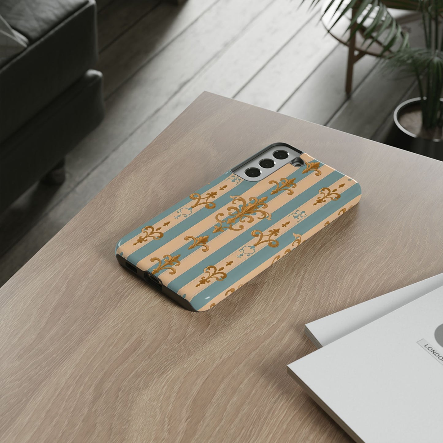 Elegant Floral Motif Phone Case - Tough Cases with Vintage Design -  Beige & Sky Blue Striped Gold Damask