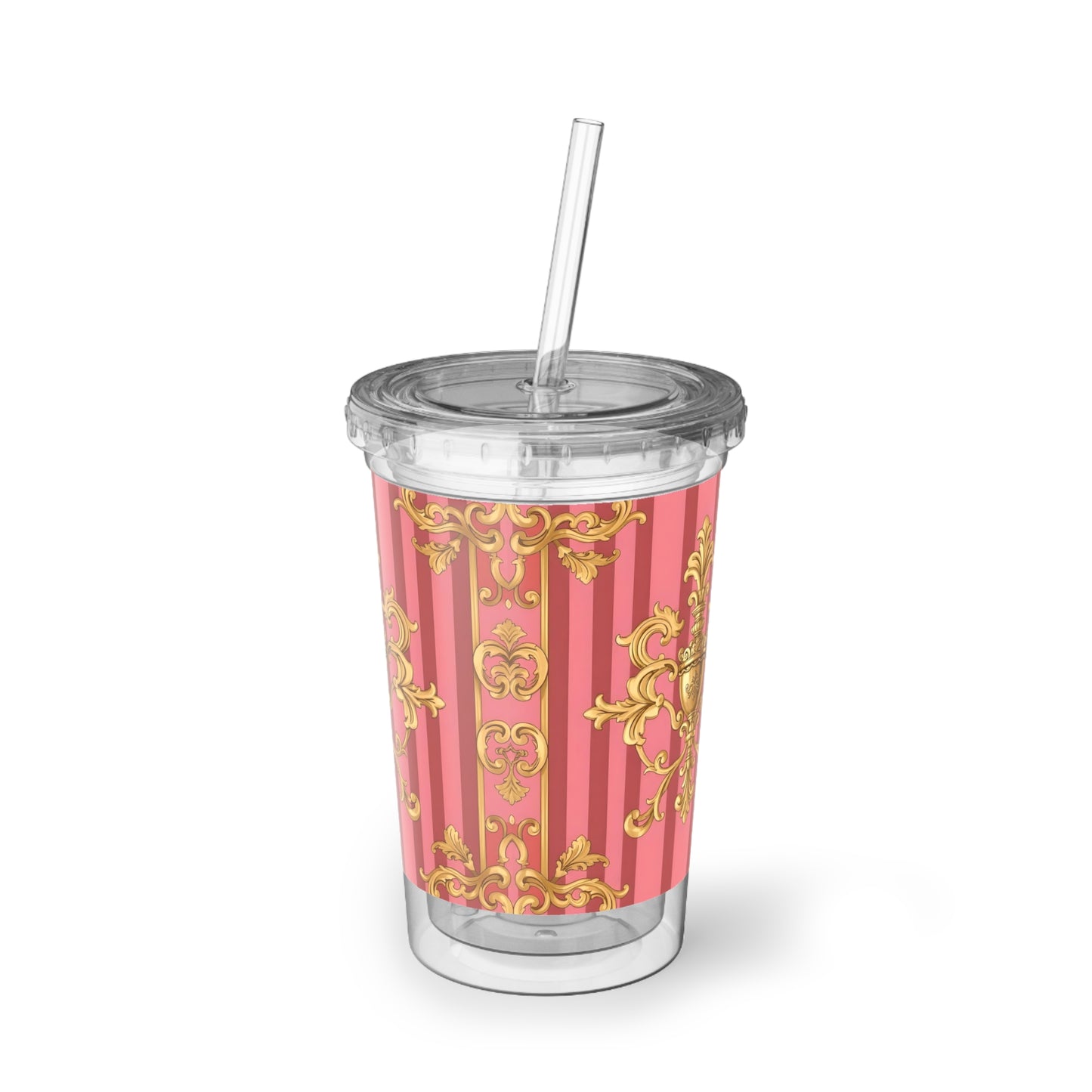 Elegant Acrylic Tumbler for Stylish Sips, Perfect for Gifts, Parties, or Everyday Use, Travel Cup, Party Favor - Pink Striped Gold Baroque