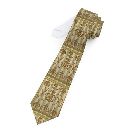 Elegant Floral Necktie, Men's Accessory, Formal Wear, Wedding Gift, Business Attire, Stylish Neckwear - Mint & Beige Striped Gold Baroque