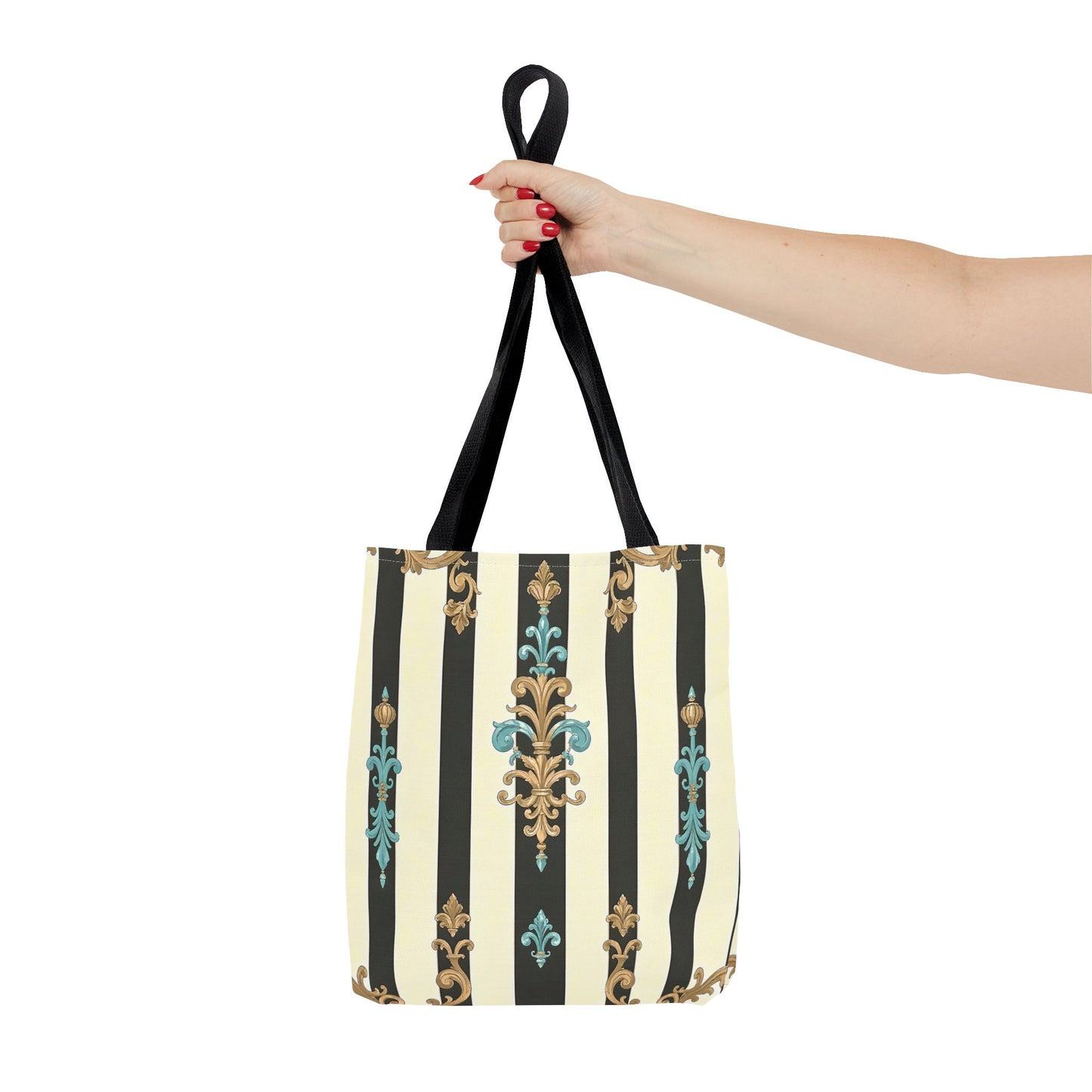 Elegant Stripe Pattern Tote Bag | Fashionable Reusable Shopping Tote, Eco-Friendly Gift Bag - Black Striped Turquoise & Black Rococo