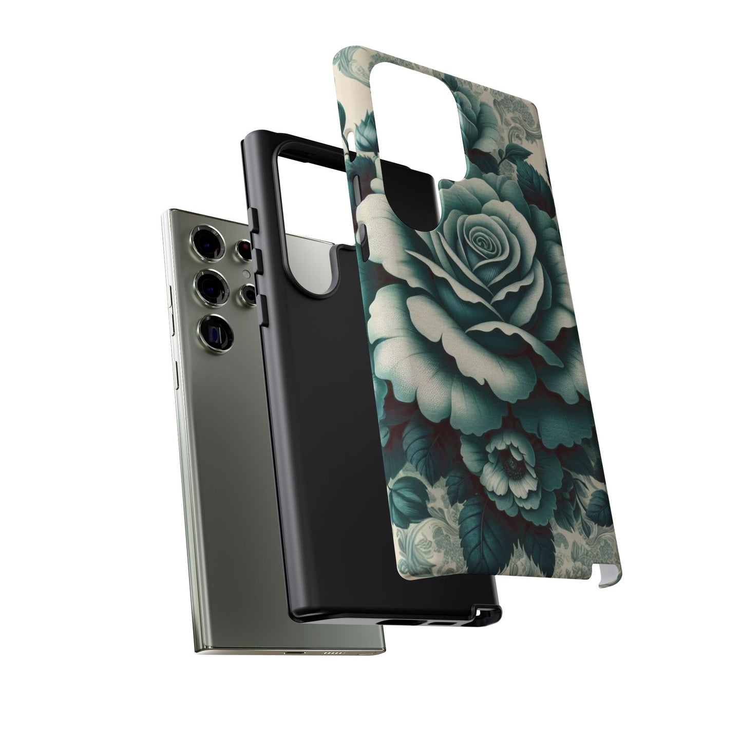Elegant Floral Motif Phone Case - Tough Cases with Vintage Design - Teal Roses & Damask