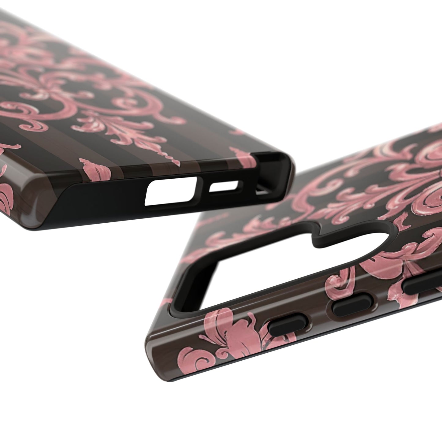 Elegant Floral Motif Phone Case - Tough Cases with Vintage Design - Brown Striped Mauve Damask