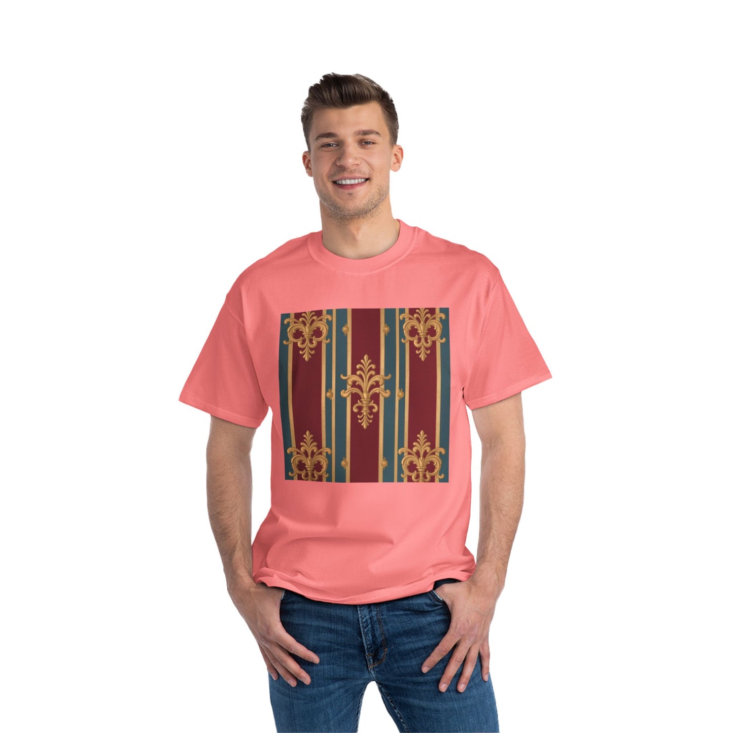 Elegant Vintage Patterned Beefy-T® Short-Sleeve T-Shirt | Casual Wear, Summer Tops, Unique Gift - Burgundy Striped Gold Baroque