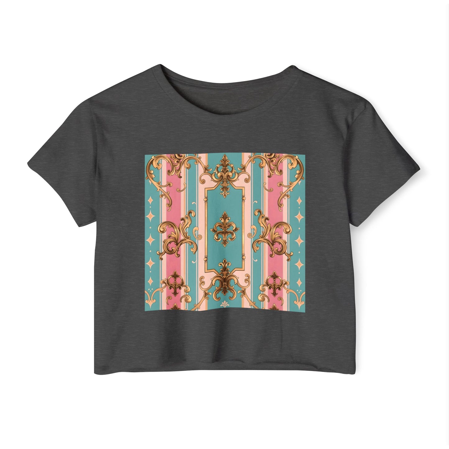 Rococo Festival Crop Top, Summer Crop Tee, Music Festival Clothing, Trendy Women's Fashion - Pink & Matte Turquoise Striped Rococo