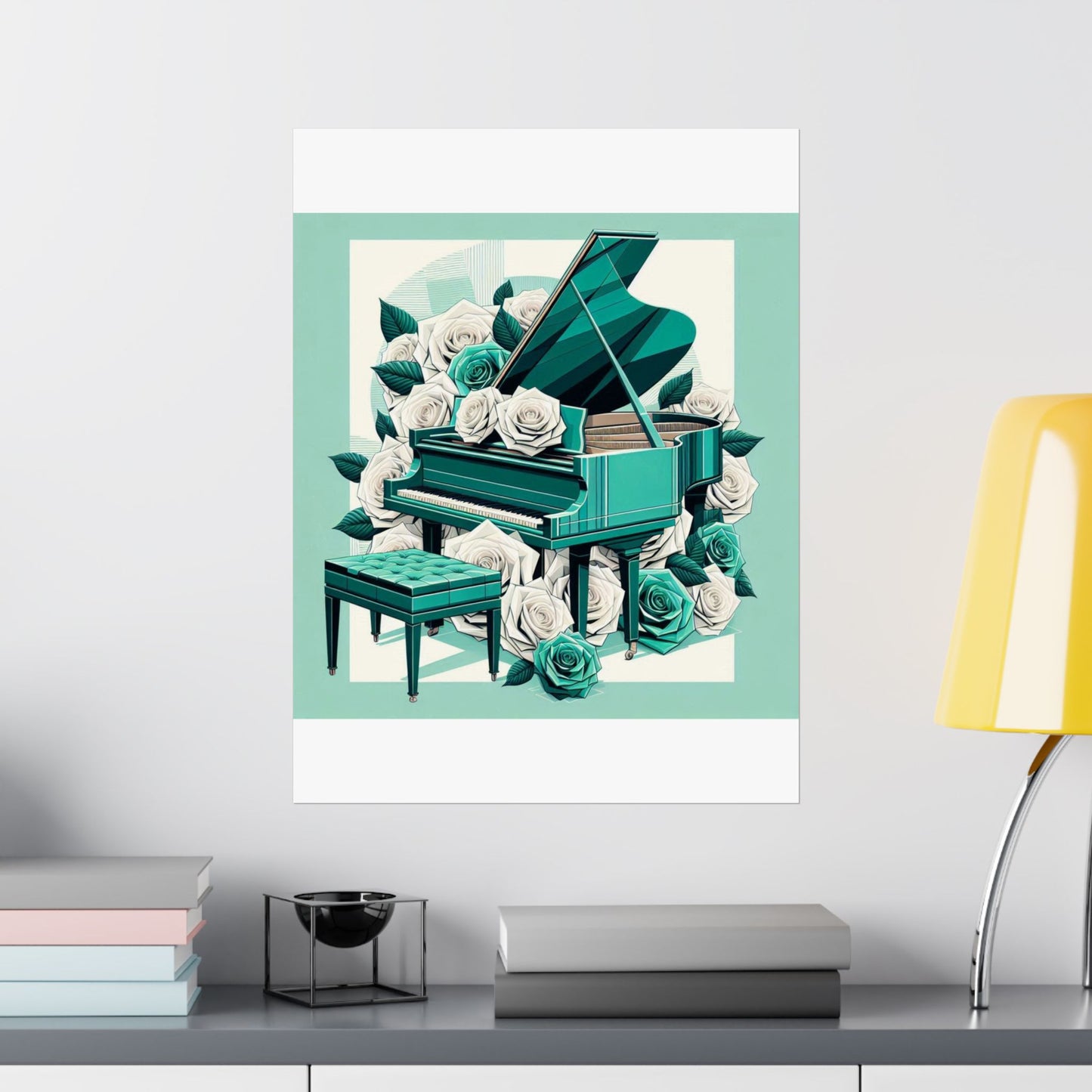 Vertical Poster - Aqua Grand Piano & Roses Design
