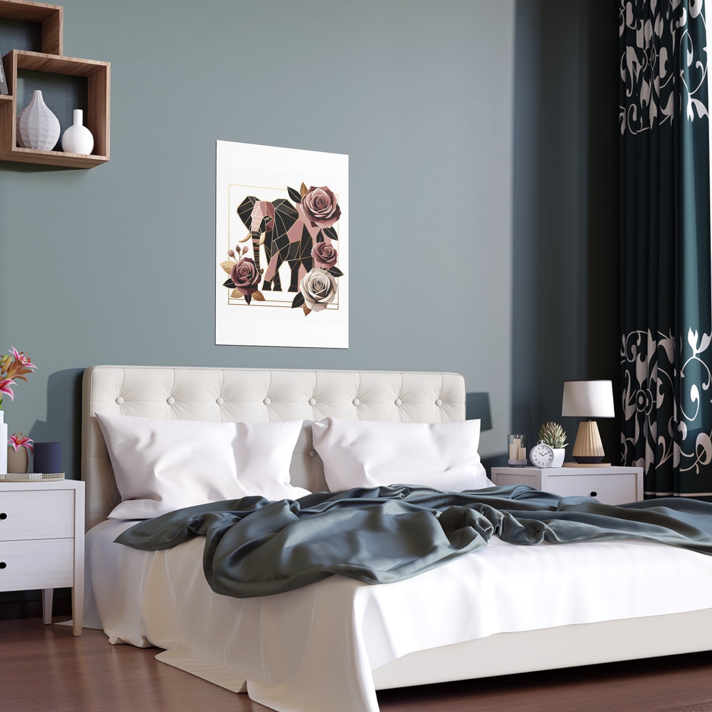 Elegant Floral Silk Poster - Indoor/Outdoor Wall Art for Home Decor - Brown & Mauve Elephant & Roses