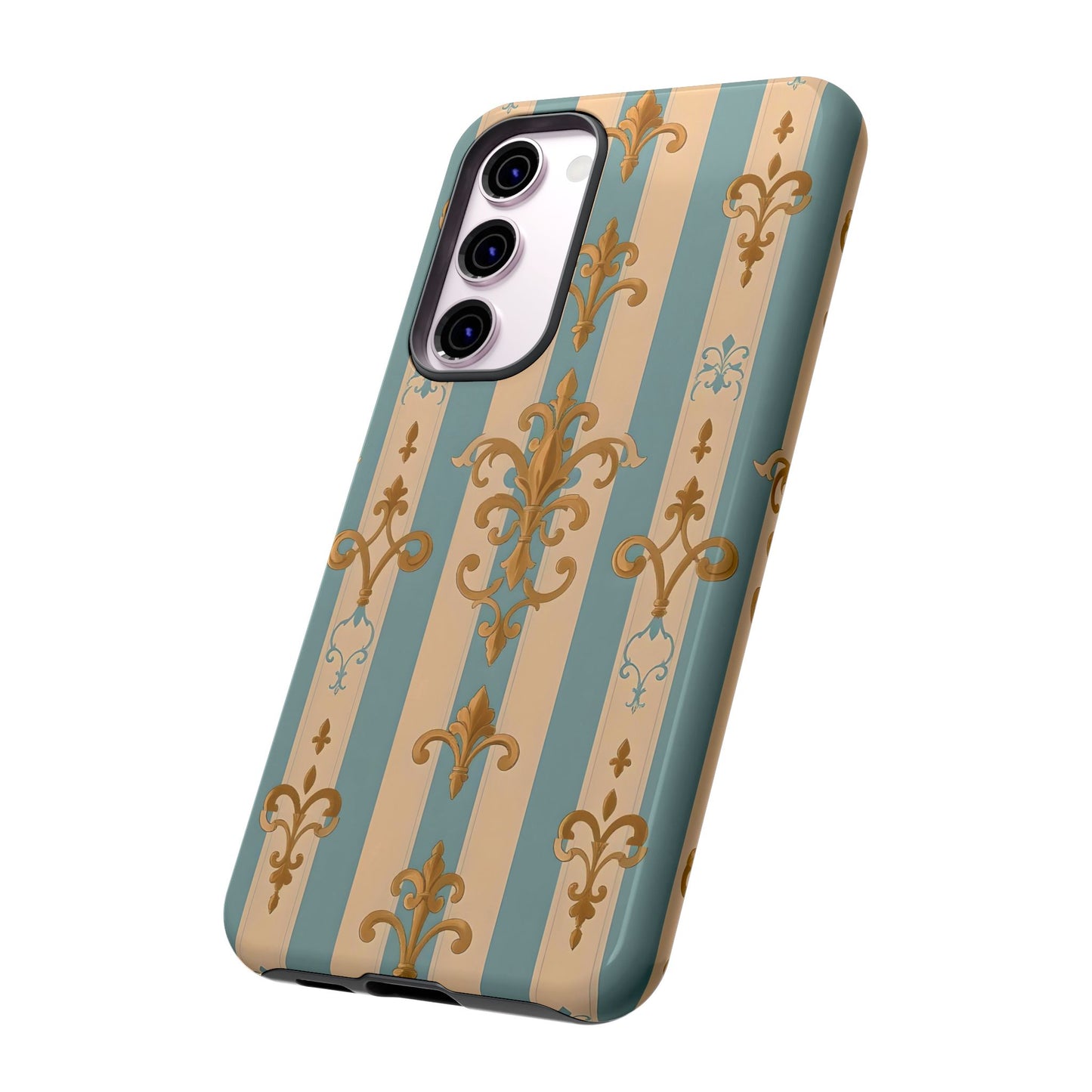 Elegant Floral Motif Phone Case - Tough Cases with Vintage Design -  Beige & Sky Blue Striped Gold Damask