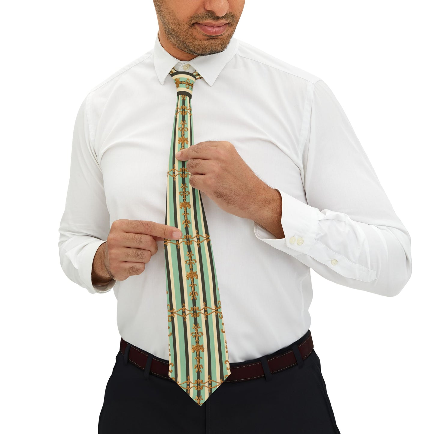 Elegant Striped Necktie, Stylish Accessory for Formal Events, Gift for Him, Business Tie, Wedding Neckwear - Black & Matte Mint Striped Rococo