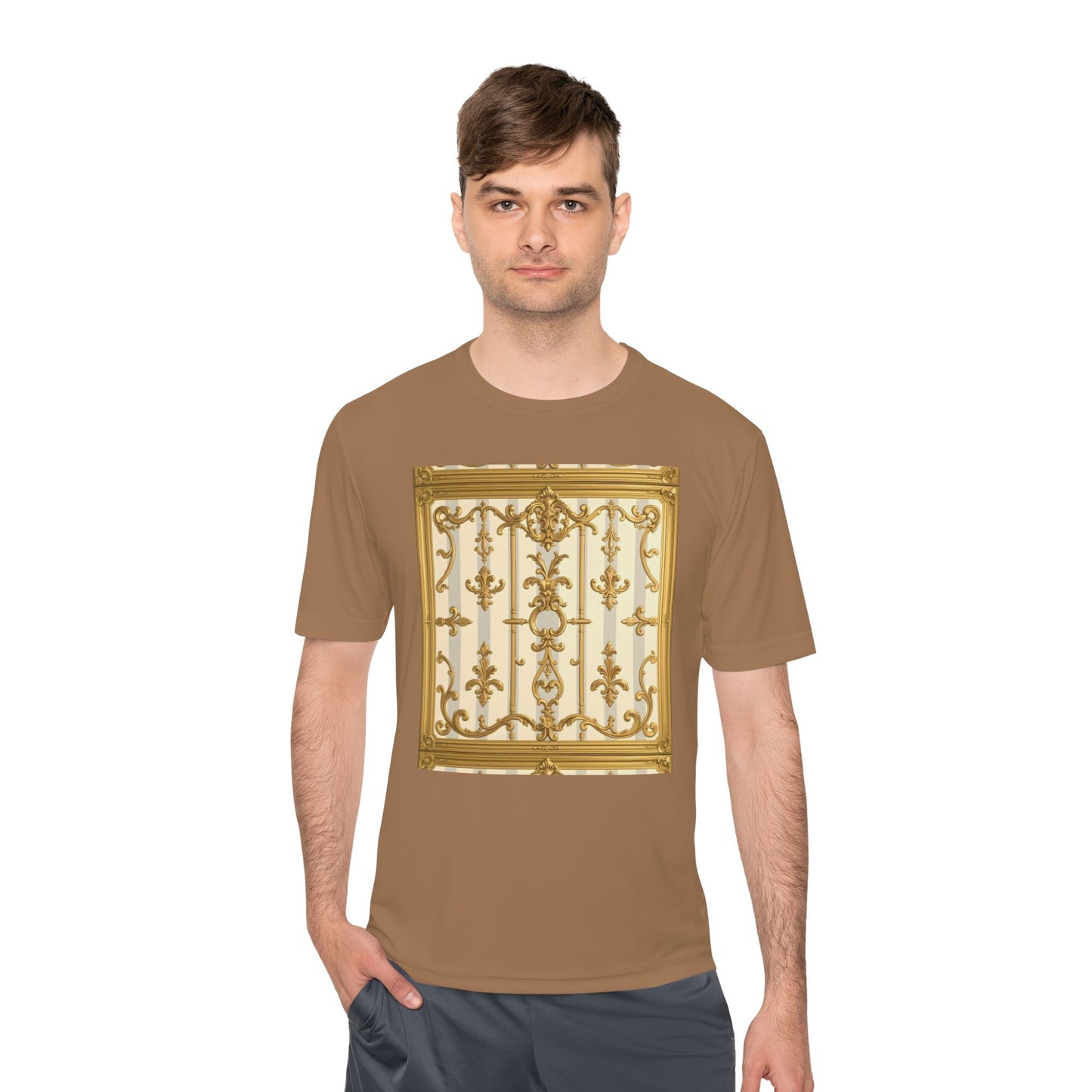 Elegant Gold Unisex Moisture Wicking Tee, Fashion Tee, Workout Shirt, Summer Style - Matte Gray & Cream Striped Gold Baroque
