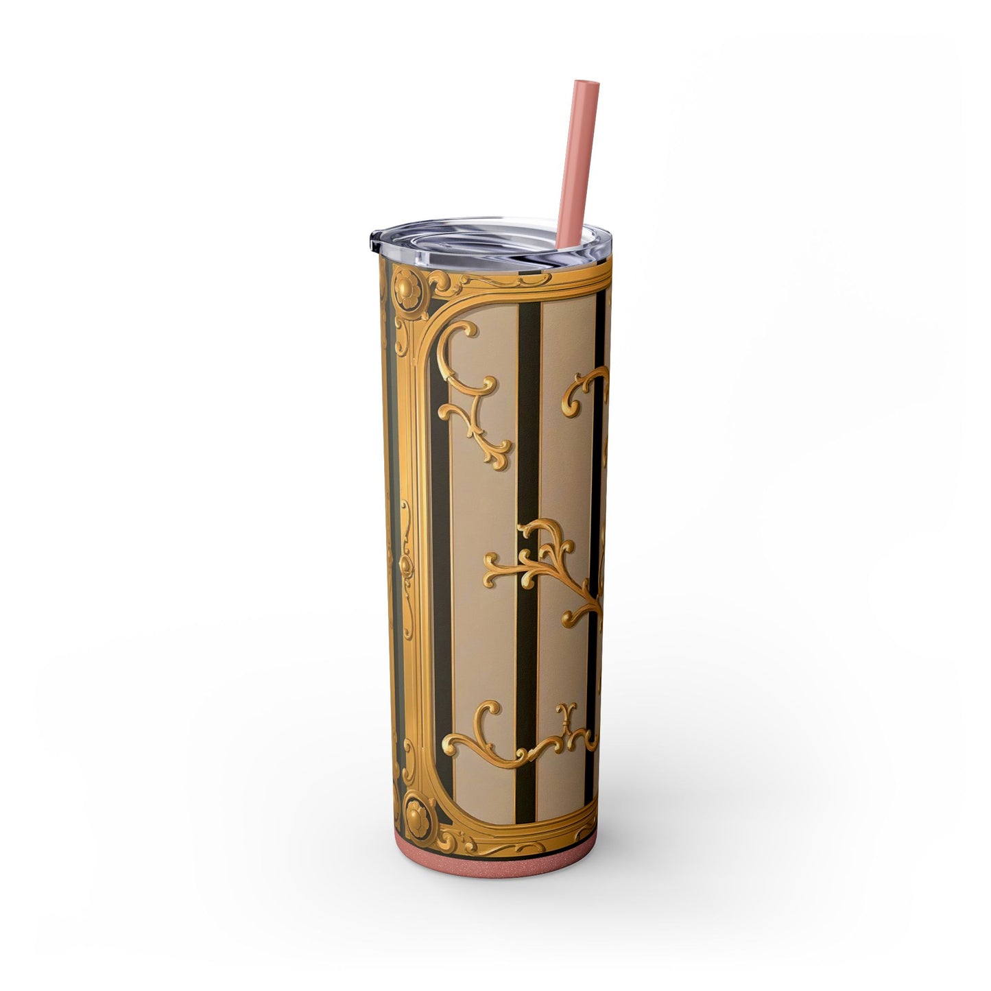 Skinny Tumbler with Straw, 20oz - Beige Striped Gold Rococo