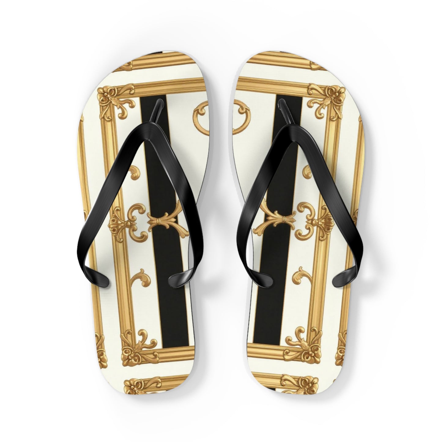 Chic Flip Flops with Elegant Design, Summer Sandals, Perfect Beach Footwear, Vacation Footwear - Black & White Striped Gold Baroque