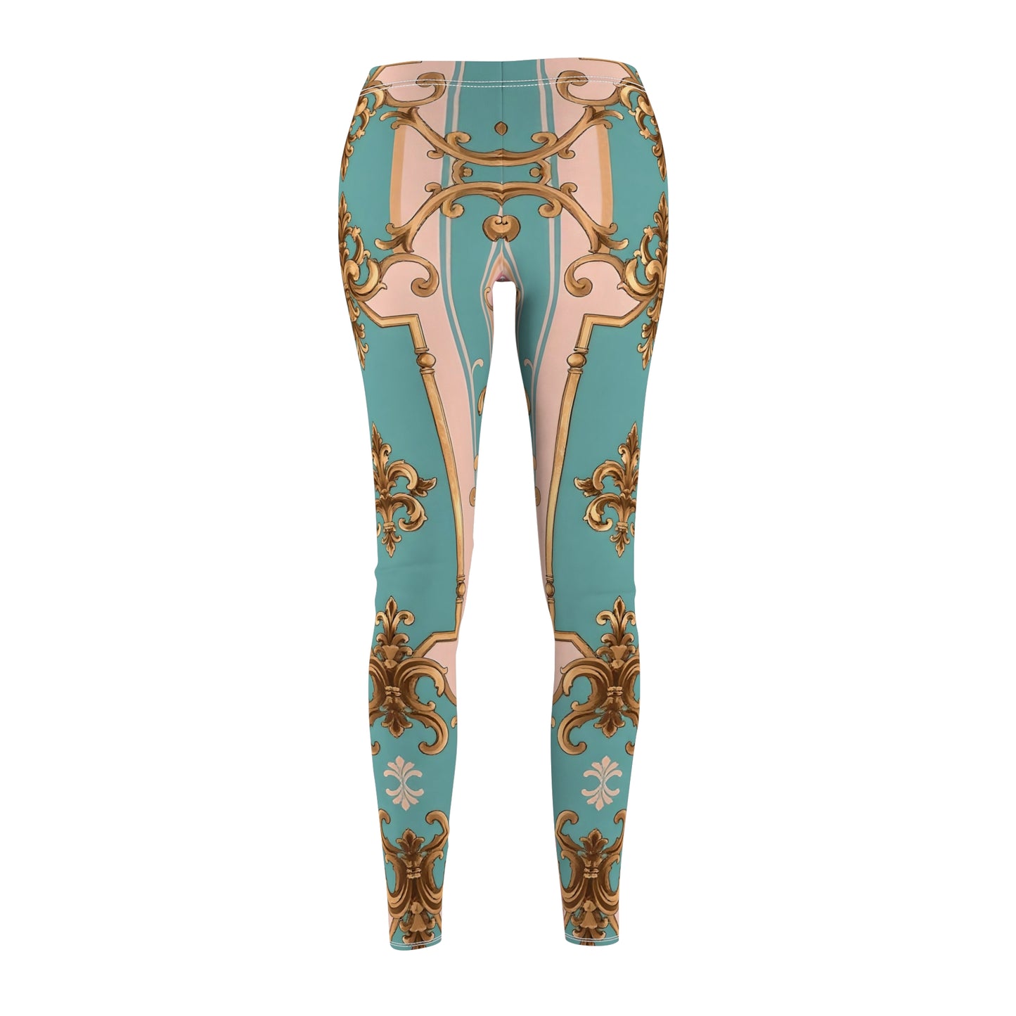 Elegant Floral Pattern Women's Casual Leggings, Chic Workout Leggings, Fashionable Athleisure - Pink & Matte Turquoise Striped Rococo
