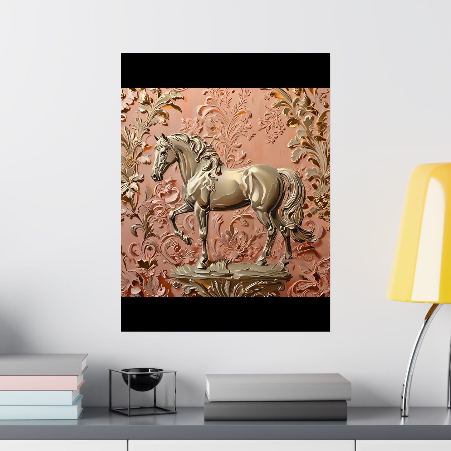 Floral Motif Art Poster - Elegant Matte Vertical Wall Decor - Gold Horse In Peach & Gold Damask