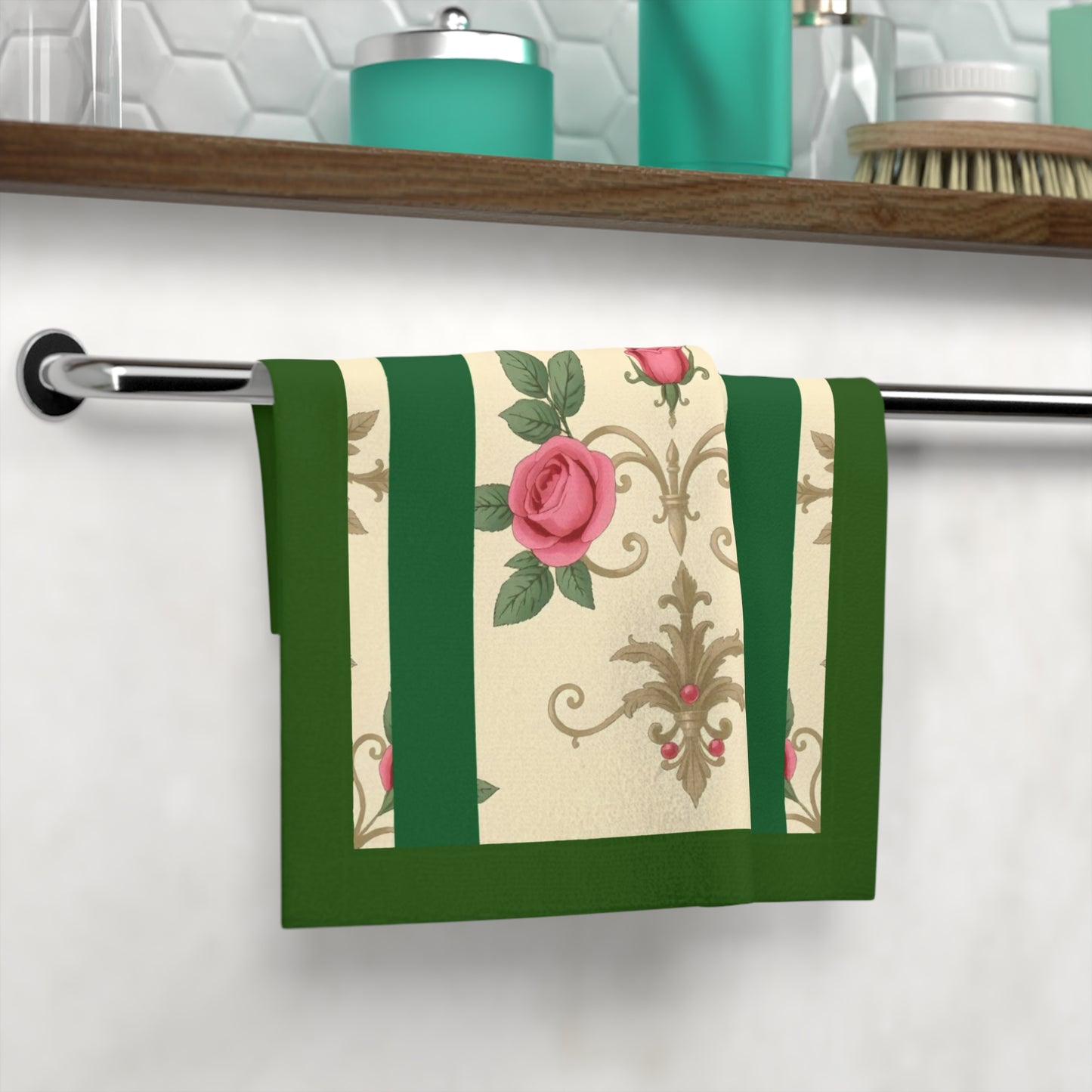 Elegant Vintage Face Towel – Luxurious Gold Pattern for Home & Spa - Green Border Roses & Damask