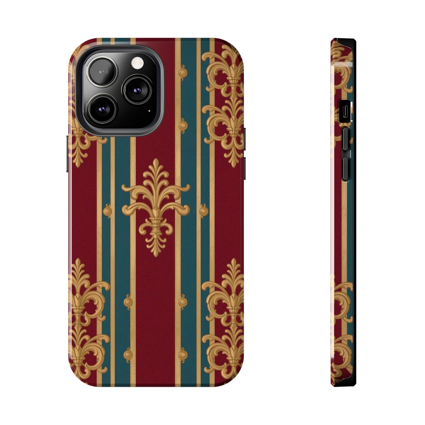 Elegant Vintage Tough Phone Case, Luxury Phone Protection, Stylish Phone Cover, Durable Phone Accessory - Burgundy Striped Gold Baroque